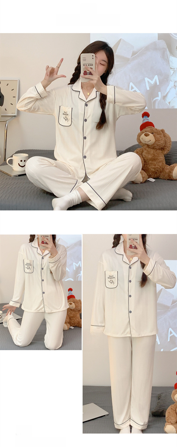 Sweet cartoon embroidered bear girl sweet spring and autumn long-sleeved trousers cardigan milk silk pit foreign trade suit_voghion.com