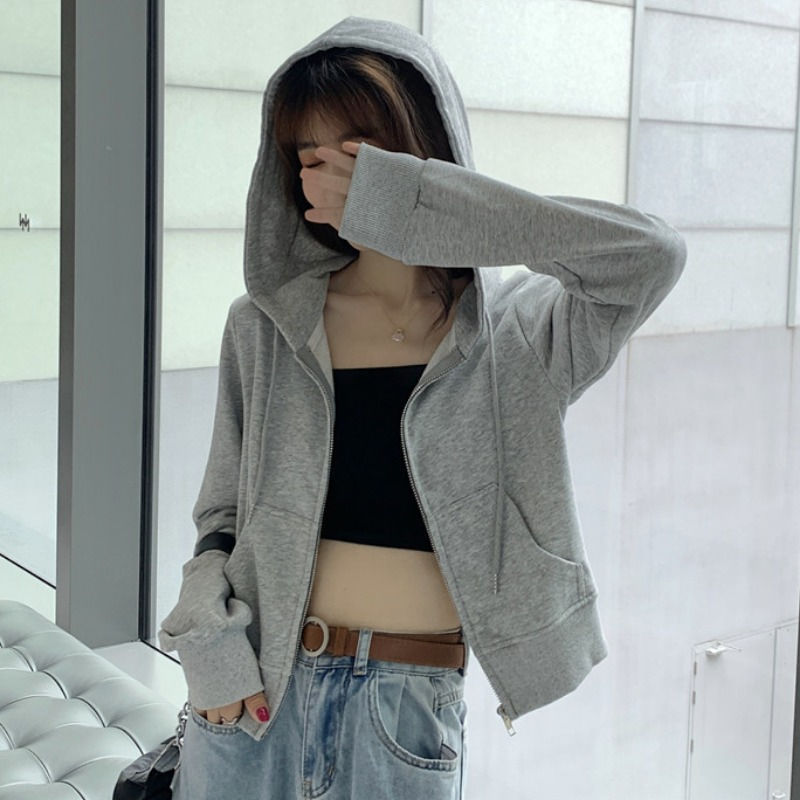 时尚休闲拉链薄款外套秋冬宽松韩版潮连帽短款长袖开衫卫衣女显瘦|undefined