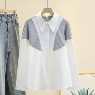 2025 spring new stitching shirt long sleeve plus size women's fake 2 pointed collar cardigan fat girl fashion shirt 8501