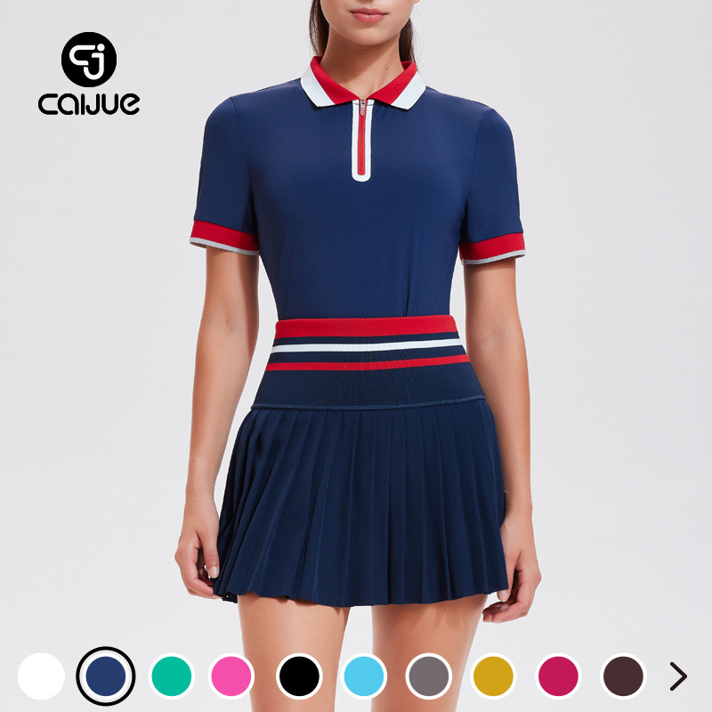 Caijue's New Sports Suit Women's Summer Short-Sleeved Polo Shirt Speed Running Fitness Skirt Tennis Suit