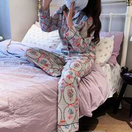 秋季新品长袖长裤纯棉复古女王皇冠印花睡衣甜美少女粉外穿家居服