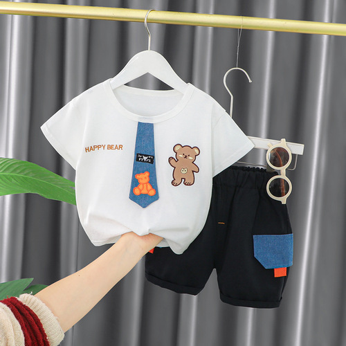 男童夏装套装新款潮宝宝时髦衣服儿童韩版领带熊短袖两件套