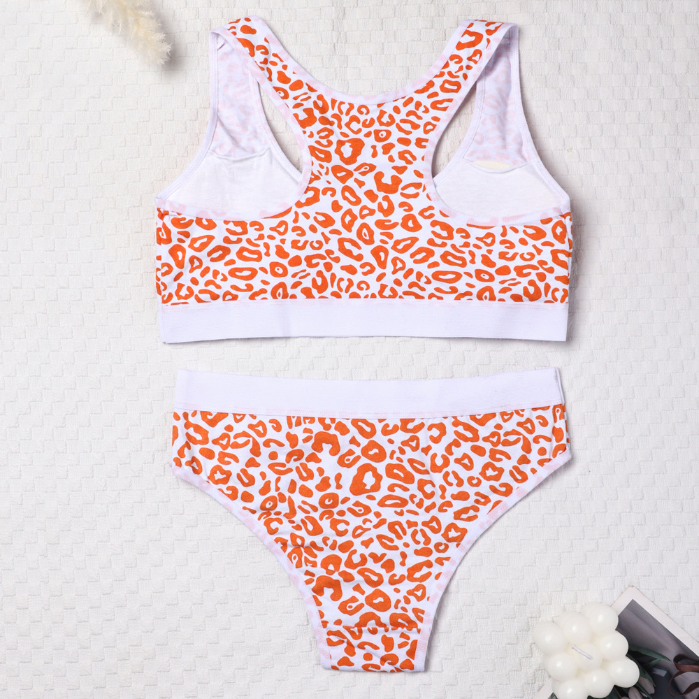 Ropa interior de desarrollo para niñas, copa fija de algodón con almohadilla para el pecho, sin anillo de acero, estampado de leopardo, sujetador de espalda deportivo para niñas