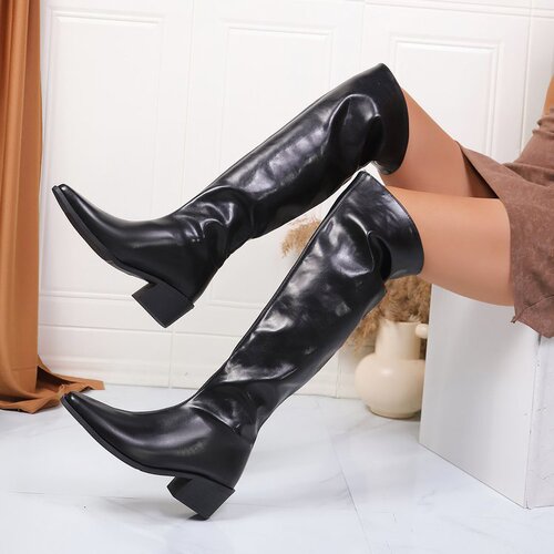 Thick heeled black knee-high piled long boots for women's shoes, new autumn and winter pointed thin knight boots