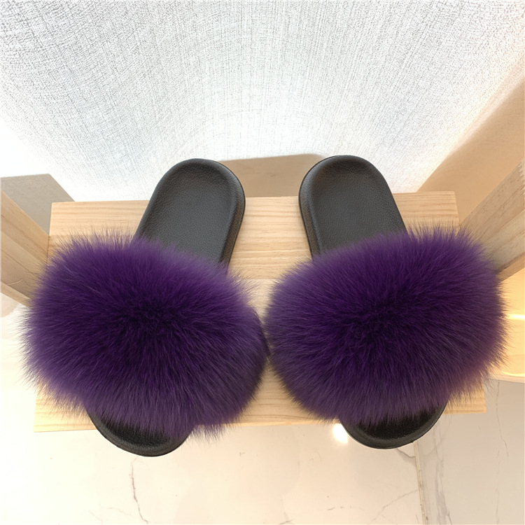 Zapatillas de pelo de zorro de moda damas una zapatilla de piel casera para usar zapatos de playa casuales zapatillas de piso plano