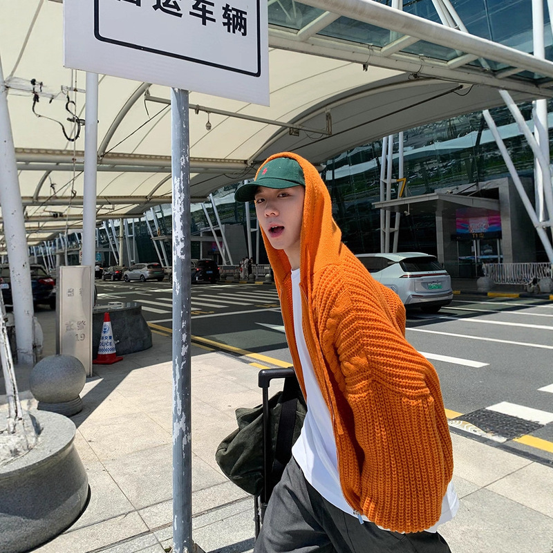 Lazy Style Orange Hooded Knitwear Jacket Men's Korean Style Relaxed Dopamine Casual Zipper Knitwear Cardigan