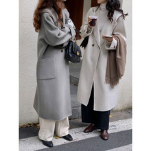 2025新款6462 新款韩版宽松显瘦连帽羊绒大衣女 斗篷款大翻领羊毛