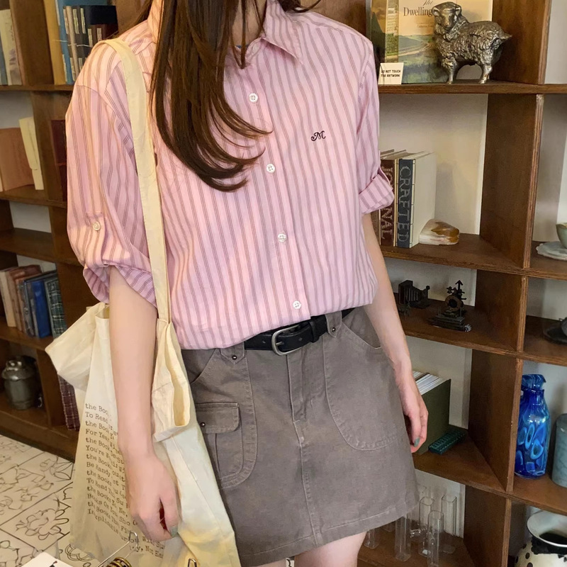 Milk Rabbit - Embroidered Sleeve Tab Design Vertical Striped Shirt for Women, Spring/Summer Petite Top Milk Rabbit - Embroidered Sleeve Tab Design Vertical Striped Shirt for Women, Spring/Summer Petite Top