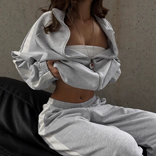 时尚独立站跨境女装新款长袖撞色运动衫长裤休闲套装秋冬套装女