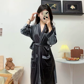 秋冬性感高级金丝绒腰带睡袍奢华舒适居家中长款睡袍