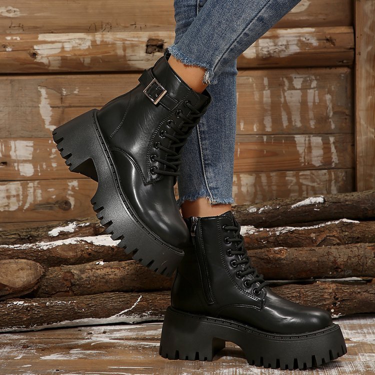 Big yards thick bottom casual short boots female new increased height England biker short boots boots_voghion.com