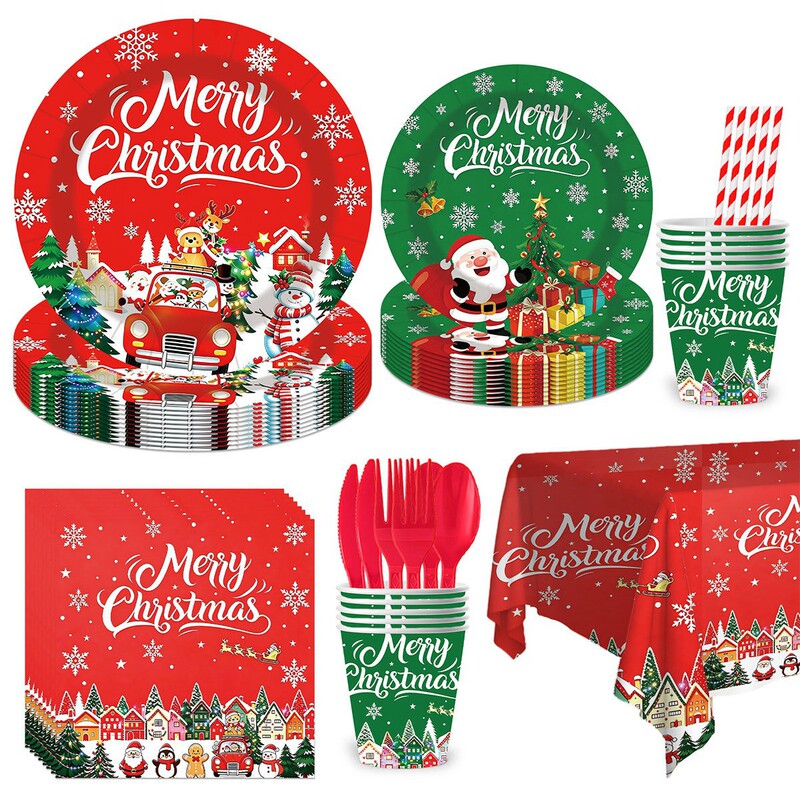 Cross-border best-selling Christmas party tableware set: Santa Claus-themed paper plates, paper cups, napkins, tablecloths, and disposable tableware