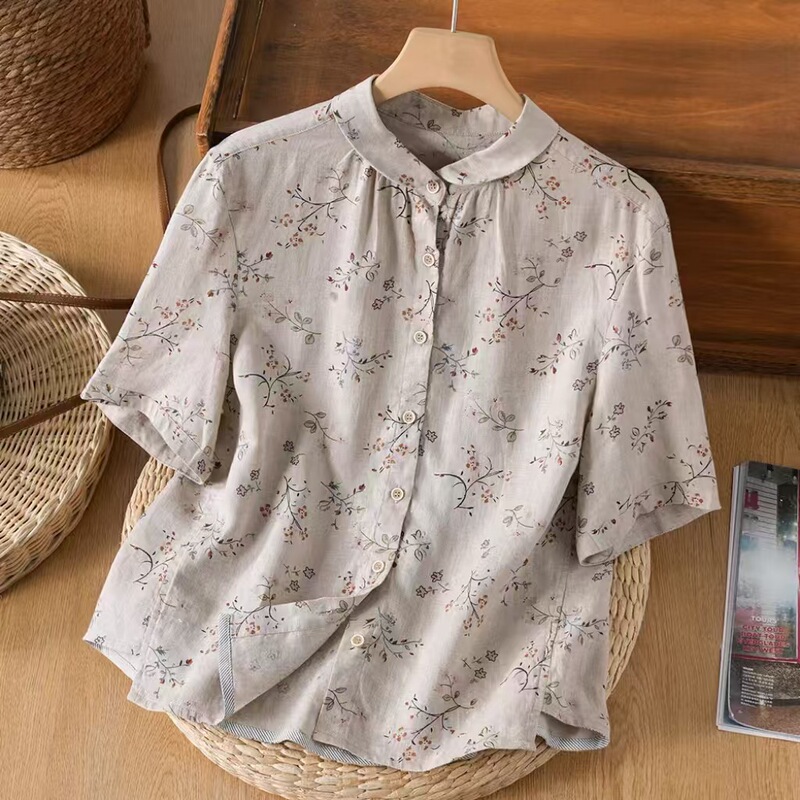 2025 Summer New Vintage Hemp Print Shirt with Hand-Dyed Color, Elegant Mid-Sleeve Floral Design