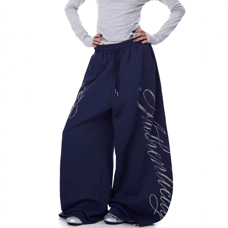 American-Style Design Spring and Autumn Rhinestone Drawstring Wide-Leg Sweatpants Unisex Loose Versatile Casual Straight-Leg Floor-Length Pants
