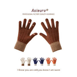2024年拼色手套秋冬男女情侣款保暖加绒防寒骑行针织羊绒触屏手套