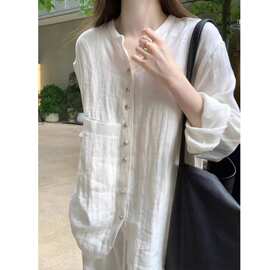 新中式白色亚麻防晒衬衫外套女春夏国风衬衣清冷感薄款棉麻上衣