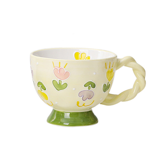 Ceramic Hand-painted Relief Breakfast Mug Coffee Cup Large Capacity Oat Cup Cute Creative Milk Cup Wholesale