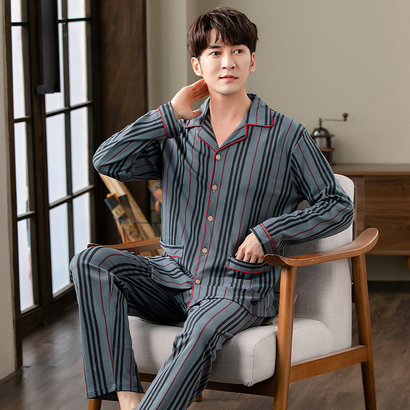 Pijamas de algodón de manga larga de los hombres primavera y otoño Four Seasons algodón delgado más tamaño ropa de abrigo ropa para el hogar