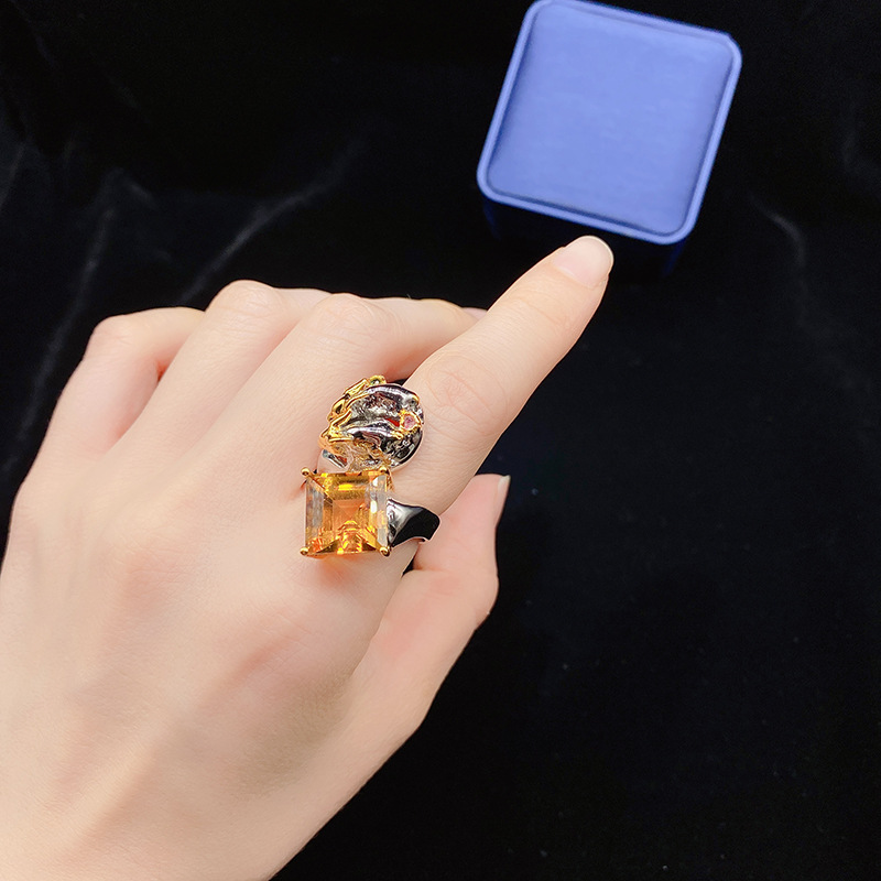 意大利手工镶嵌珠宝 新款高端设计定制款开口戒黄水晶宝石戒指|ms