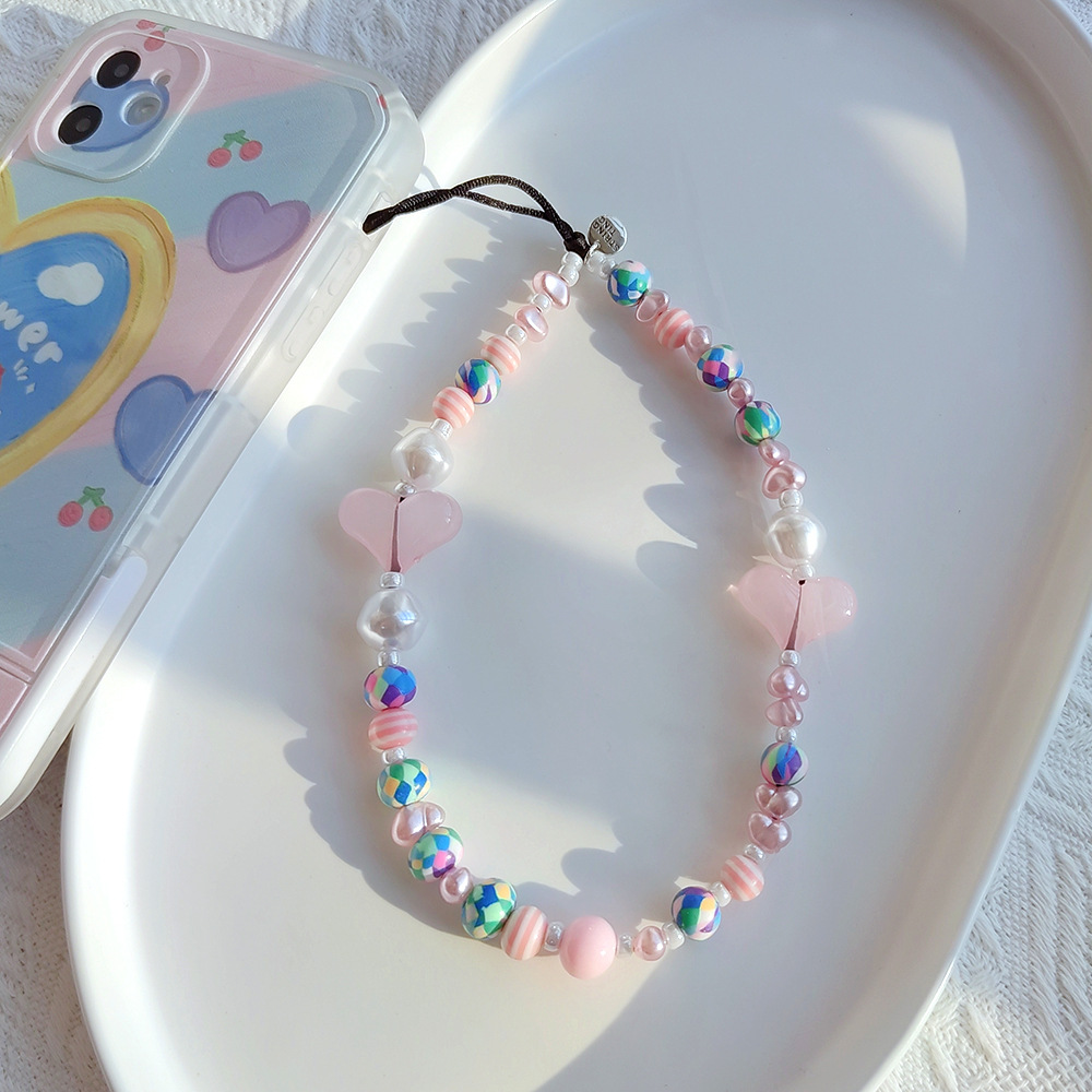 Stringting Pu Caiying Same Style Ins Style Special-shaped Imitation Pearl Love Handmade Beaded Anti-lost Mobile Phone Charm Women display picture 11