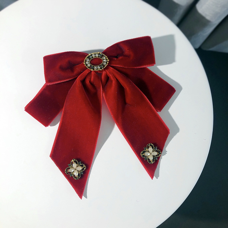 Lazo decorativo de terciopelo retro francés para mujer, lazo de aleación, broche rojo, accesorio, accesorio de vestir, color burdeos