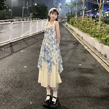 鱼MM雏菊吊带裙新款度假油画风甜美碎花吊带连衣裙套装