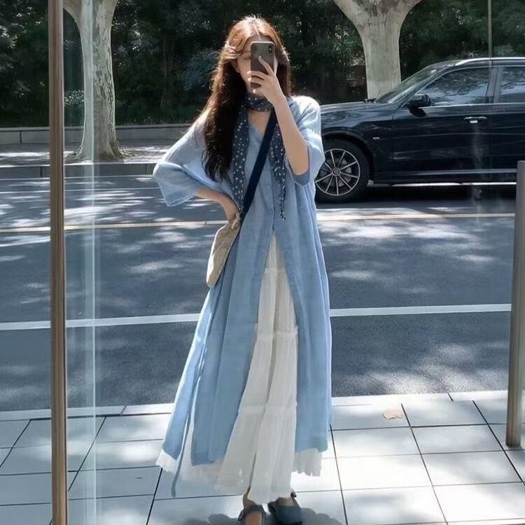 Maternity Set, Korean Style, Lazy Style, Loose Blue Shirt Dress, Slimming Long Skirt, New Summer Two-Piece Set, Trendy Maternity Set, Korean Style, Lazy Style, Loose Blue Shirt Dress, Slimming Long Skirt, New Summer Two-Piece Set, Trendy