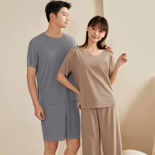 Men's Sleepwear Ice Silk Women's Style Summer Short Sleeve Long Pants Thin Couple Air Conditioning Clothes Youth Casual Home Set