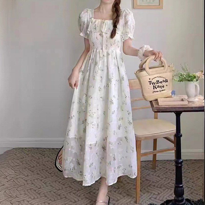 Tea Break Japanese Style Beautiful Floral Skirt Summer Dress 24 New High-End Small Fragrance Style Long Petite Dress Wholesale