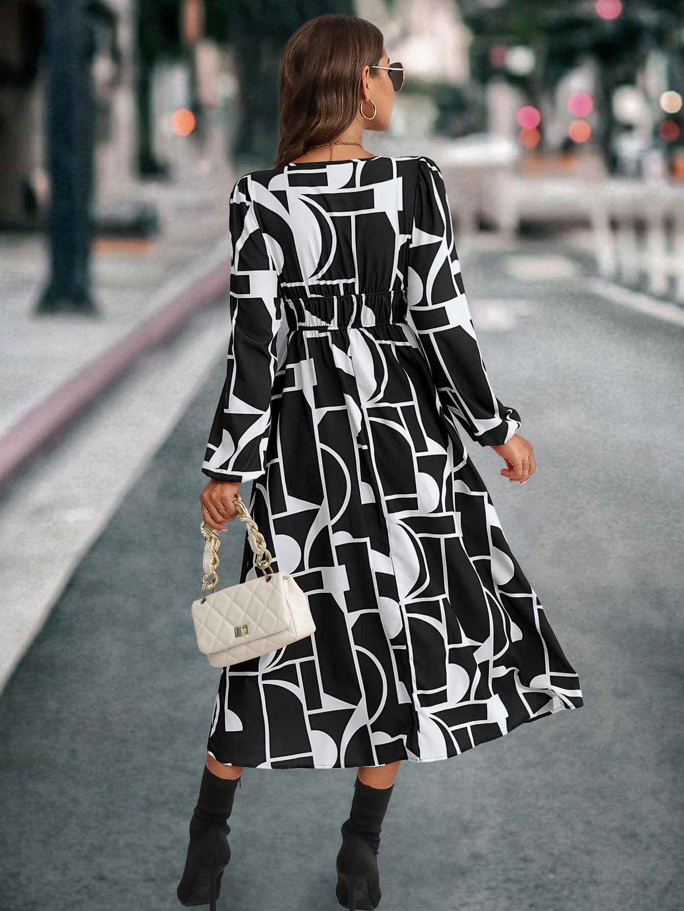 Robe imprimée à manches longues et col en V pour femmes, la plus vendue_voghion.com