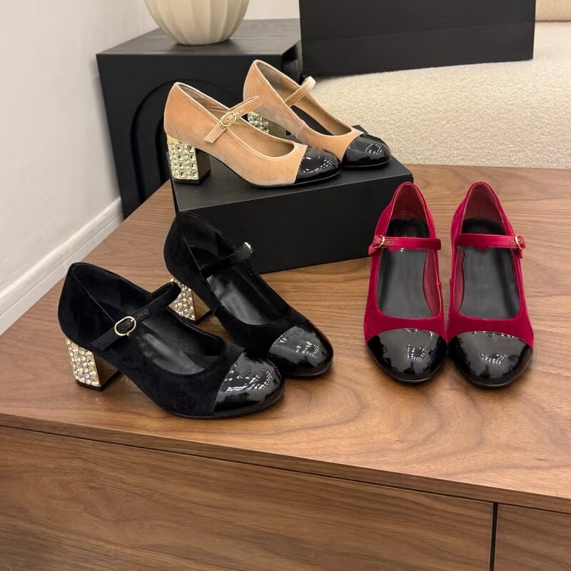 Genuine Leather French-Style Chanel-Inspired Rhinestone Chunky Heel Mary Jane Shoes for Women, Round Toe, Color-Blocked, Single Strap, Square Heel, High-Heeled Single Shoes