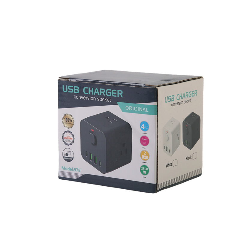 Rubik Cubo de conexión de estilo americano estándar americano 2USB + 2Type-c caja neutral paquete blanco y negro con luz bicolor