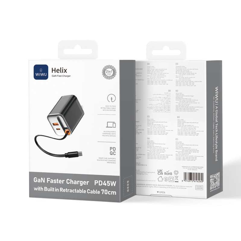 Wiwu Jimaishi 45W Pd+Oc Gan Retractable Cable Fast Charging Travel Adapter European and British Regulations