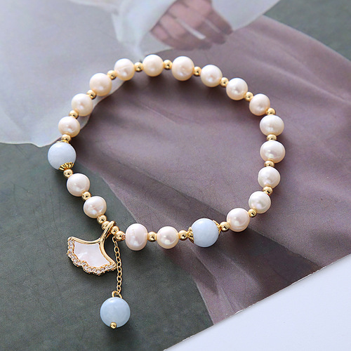 Natural Pearl Necklace for Women - New Arrival with Aquamarine Crystal, Ins Cold Wind, Apricot Leaf Pendant, Mother-of-Pearl Bracelet - Wholesale