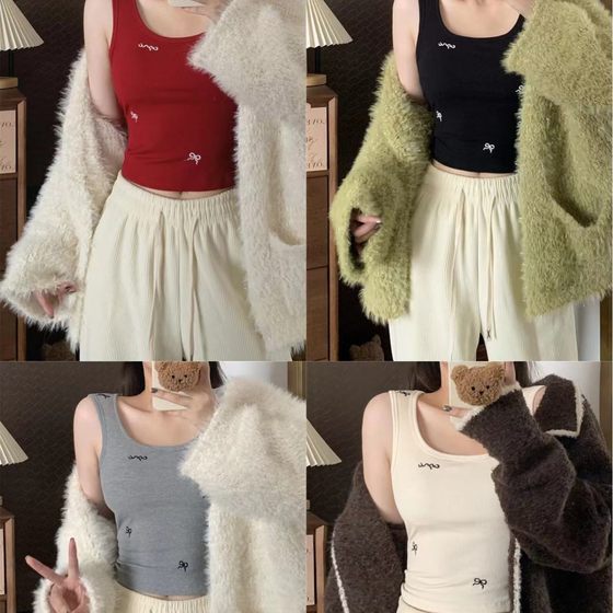 Autumn and Winter 6683 New Camisole Women's Embroidered Bow Top with Chest Pad Branding Warm Beautiful Back Slim Fit Trendy