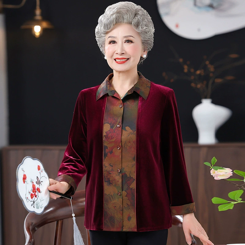 Мама весенняя золотая бархатная рубашка бабушка иностранная подделка из двух кардиган топ средняя и пожилая весна и осень женская куртка
