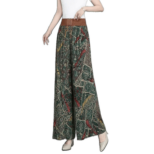 Summer new style wide-leg pants skirt casual fashionable high-waist stripe temperament elastic mom culottes printed pants