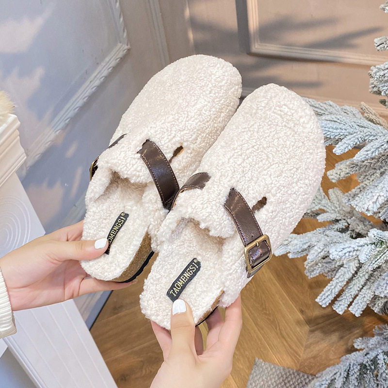 Dép nửa gót bít mũi lông xù kiểu Birkenstock cổ điển cho nữ, mũi tròn — Màu nâu, Màu trắng sữa, Màu đen