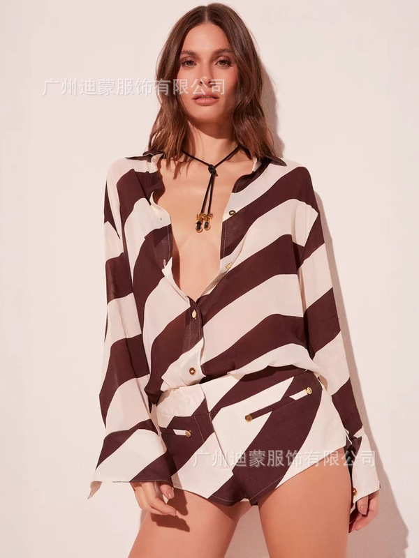 2025欧美跨境亚马逊独立站女装 条纹长袖衬衣短裤休闲两件套套装|undefined