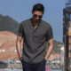 Foreign trade cross-border men's Henry collar solid color short sleeve shirt Amazon Europe and the United States men's cotton and linen shirt wholesale supply