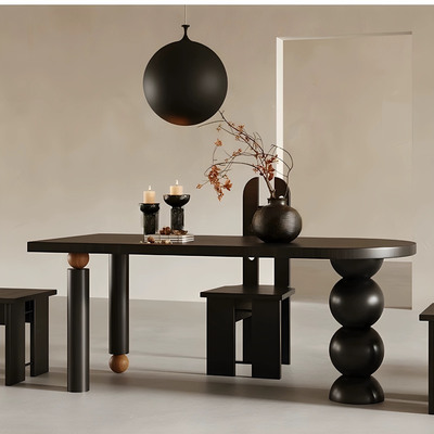 法式复古实木半圆形餐桌家用客厅中古风饭桌设计师书桌办公长桌|ms