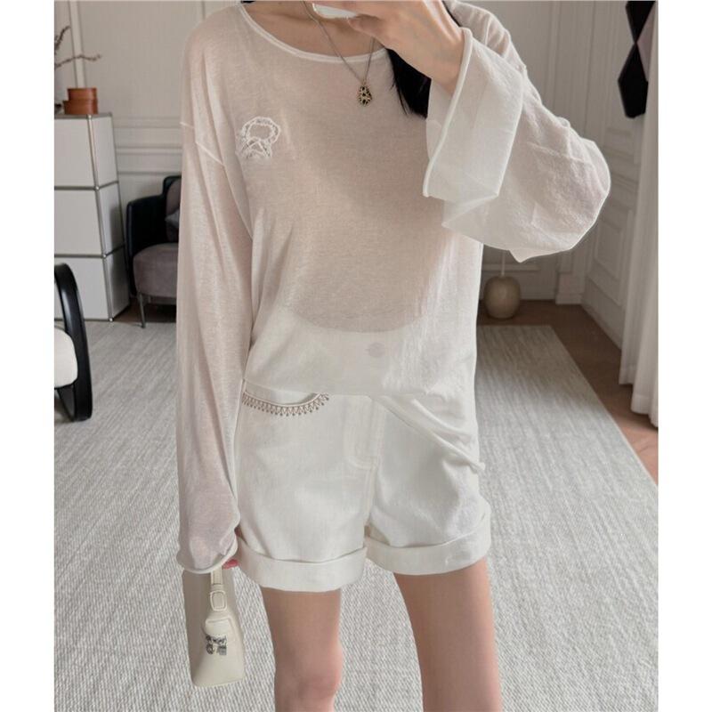 This one is so thin | Long-sleeve loose-fit knitted top with long-staple cotton sheer patterned lace embroidery, sun protection cover-up for women This one is so thin | Long-sleeve loose-fit knitted top with long-staple cotton sheer patterned lace embroidery, sun protection cover-up for women