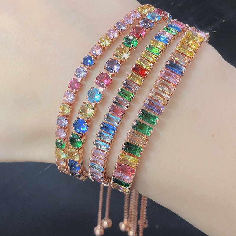 European and American Amazon Fashion Colorful birthstone Bracelet Adjustable Diamond Crystal Tennis Bracelet Female Zircon Bracelet