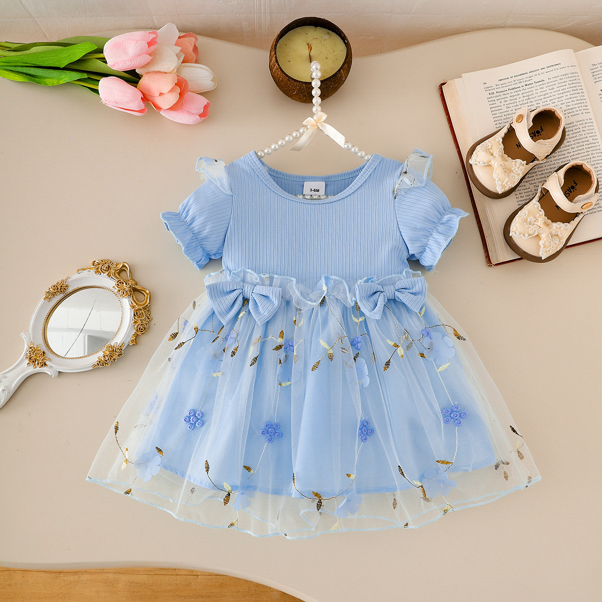 Ropa para niños verano vestido de niña europea y americana nuevo bebé bordado malla falda para niños cabello de una pieza