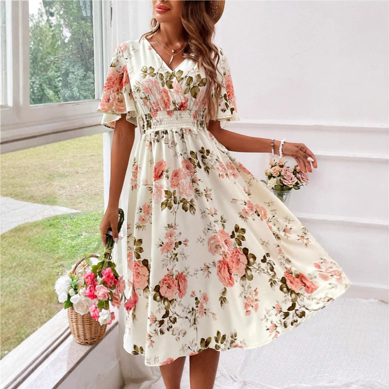 Cross-Border New Foreign Trade Large Size Floral Dress Plant Flower Women's Slimming Holiday Long Dress Wholesale Ready Stock