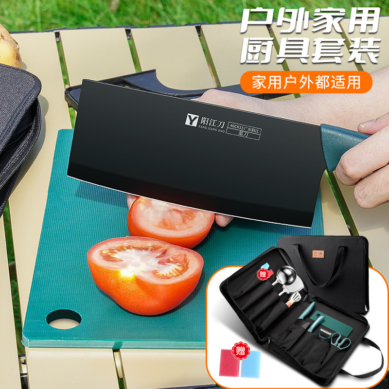 Cuchillos al aire libre equipos de picnic bolsa de almacenamiento acampado cocina de acero inoxidable conjunto de cuchillos de cocina tablero de cocina conjunto completo de artículos portátiles