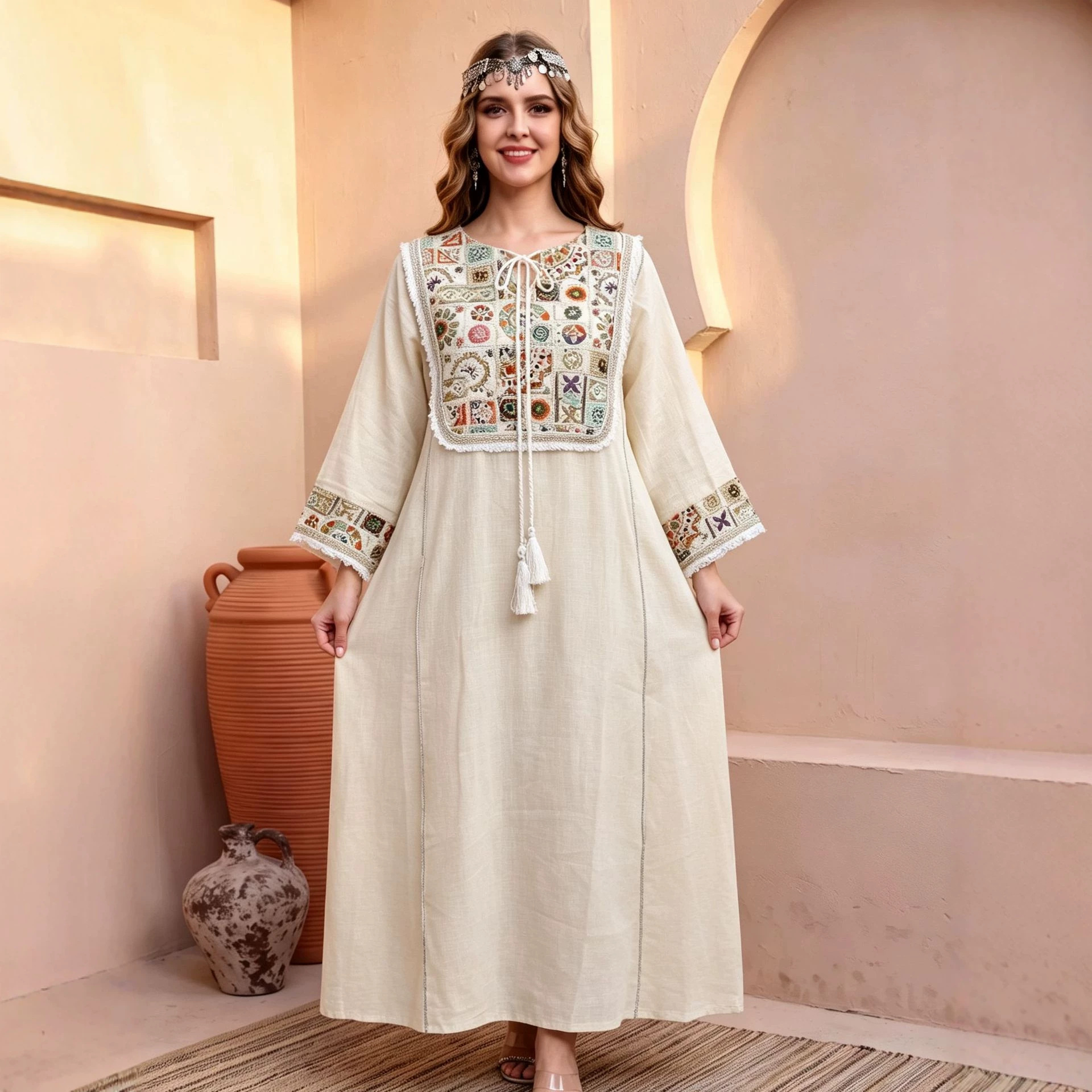M25077 Apricot Heavy Embroidery Long Robe with Tassel Tie and Frayed Edges - Loose-fitting Dress