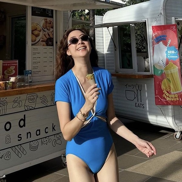 Retro brand design solid color swimwear