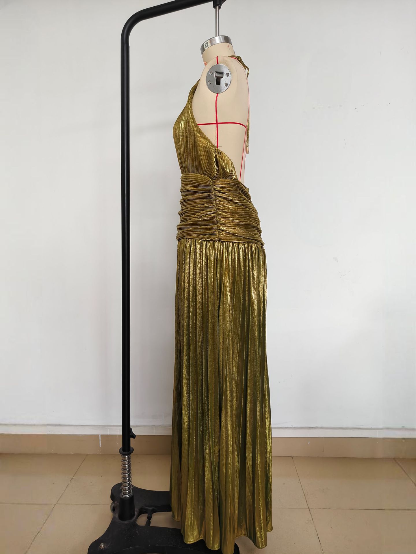 "Women's Metallic Pleated Sleeveless Dress - Backless Tie Neck High Slit Party Dress, Golden/Pinkish/Ancient Gold/Dark Blue/Lake Blue, XS-XXL"_ecoleips.com