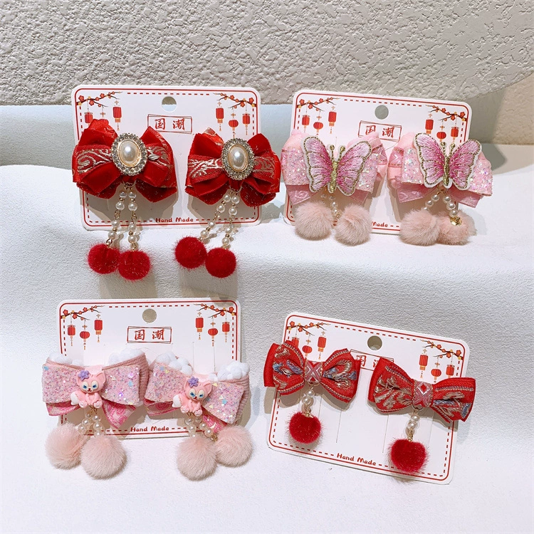 Red children's hairgrip with bow with tassels, Hanfu, hair accessory, hairpins, Chinese style